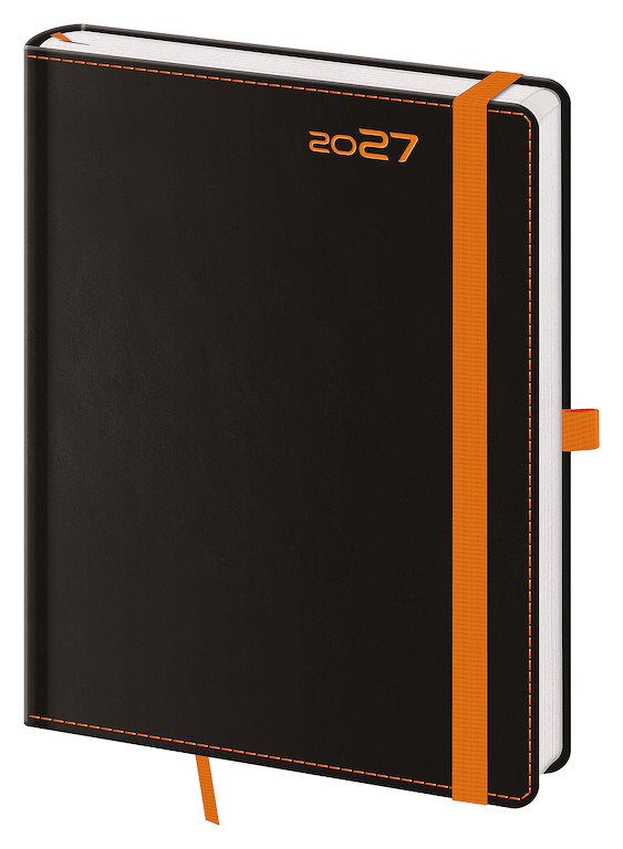 PRINT CLASSIC (matná koženka) - Týdenní diář B6 Black Orange s poutkem