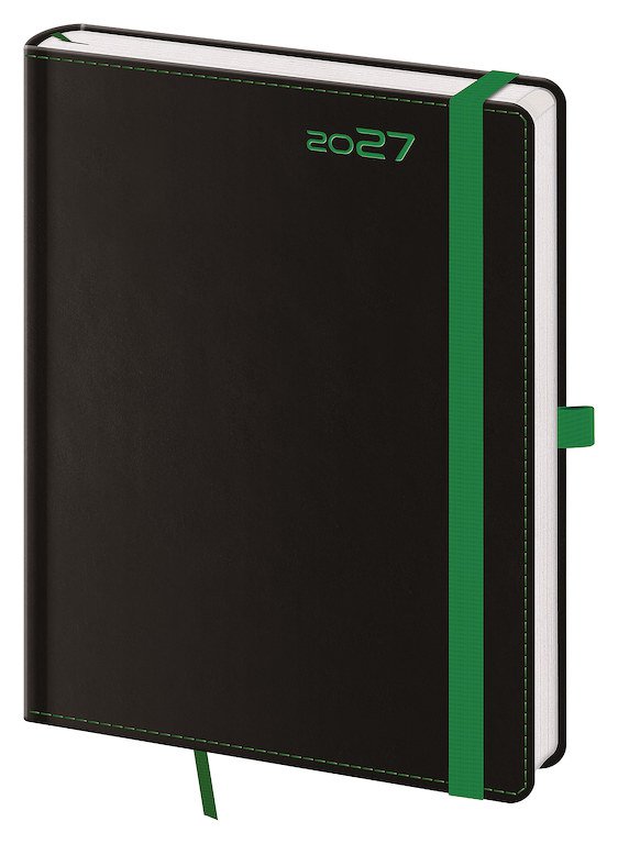 PRINT CLASSIC (matná koženka) - Týdenní diář B6 Black Green s poutkem
