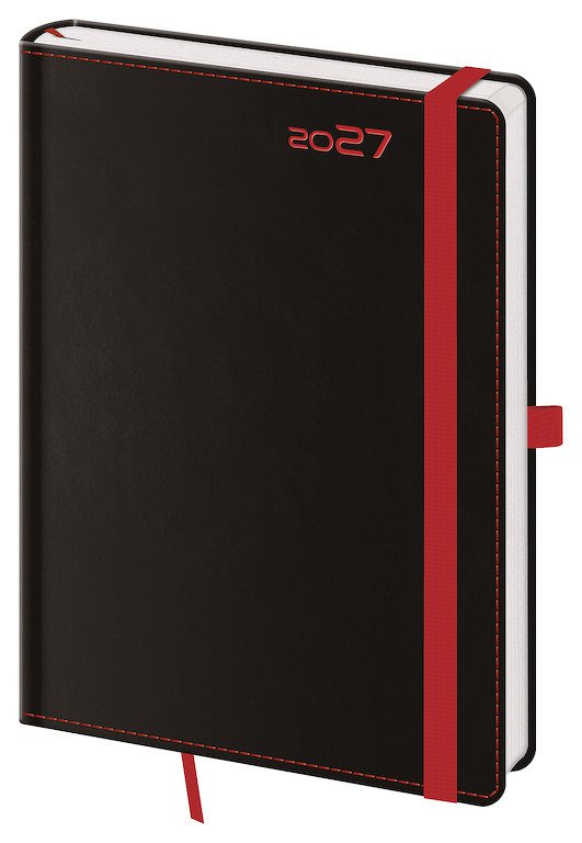 PRINT CLASSIC (matná koženka) - Denní diář A5 Black Red s poutkem