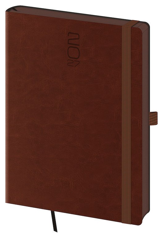 PRINT CLASSIC (matná koženka) - Denní diář A5 Memory tmavě hnědý s gumičkou
