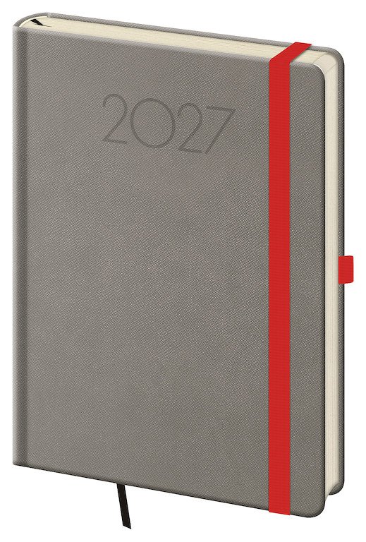 PRINT CLASSIC (matná koženka) - Denní diář A5 New Praga šedý s gumičkou