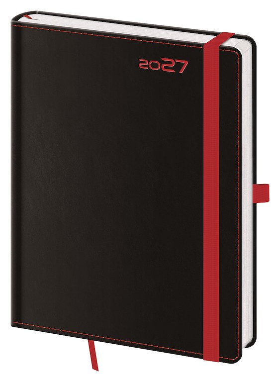 PRINT CLASSIC (matná koženka) - Týdenní diář B6 Black Red s poutkem