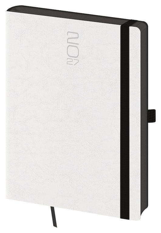 PRINT CLASSIC (matná koženka) - Denní diář A5 Memory bílý s gumičkou