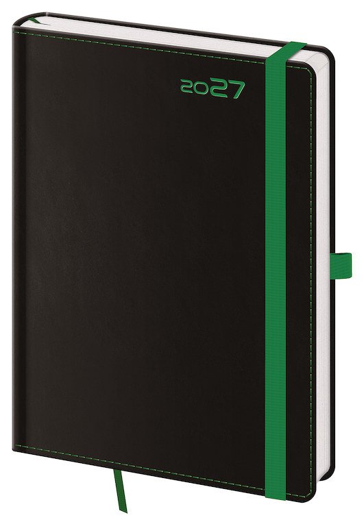PRINT CLASSIC (matná koženka) - Denní diář A5 Black Green s poutkem